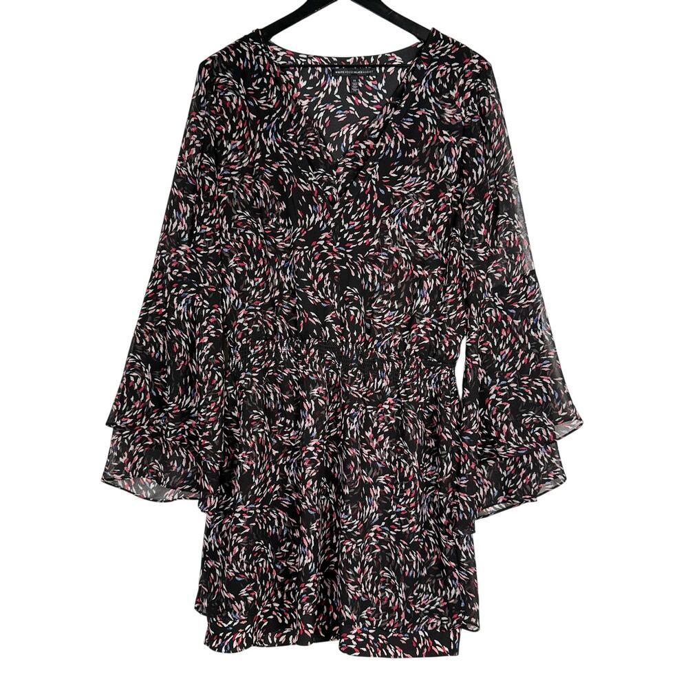 White House Black Market Mini Smocked Dress VNeck Black Pink Bell Sleeves - 12
